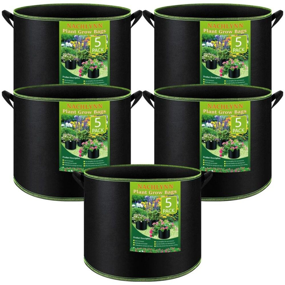 5 Pack 5 Gallon Grow Bags Heavy Duty Fabric Pots Handles Aeration Planters Black